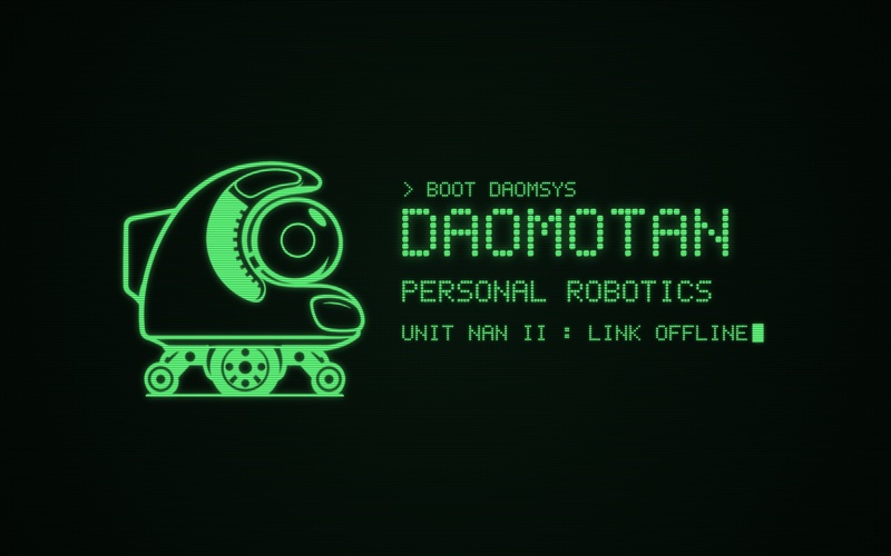 The DAOMSYS boot screen: NAN II drawn in green phosphor beside DAOMOTAN, Personal Robotics